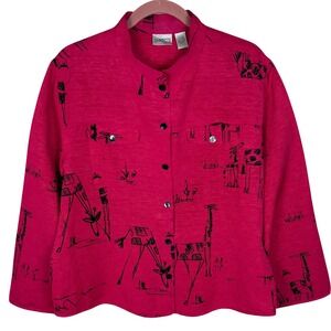 Chico's Silk Linen Blend Button Up Shirt Giraffe Art to Wear Womens 3 (XL) Pink